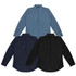 A collection of three men's denim button-up shirts in light blue, dark blue, and black. Each features a collared design.