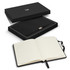 A black gift box containing a sleek notebook with lined pages, featuring a logo and a ribbon bookmark.