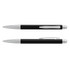 A black metal pen with silver accents, featuring a sleek design and a clip. It has a branding logo.