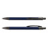 A metal pen in navy blue with a black clip and tip. The pen is shown from two angles, displaying its sleek design.