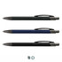 Three metal pens in black, navy blue, and dark green, each featuring a logo on their body.