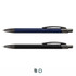 Two metal pens are displayed: one in navy blue and the other in black, both featuring a logo.
