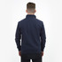 A unisex navy quarter zip jumper featuring a high collar and ribbed cuffs, with a logo on the back.