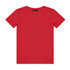 A red youth t-shirt with a classic crew neck design and short sleeves, featuring a logo.