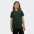 A youth t-shirt in dark green, featuring a simple design and short sleeves, worn by a child.