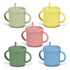 A drink bottle set featuring five sipper cups in green, yellow, pink, and blue with handles and straws.