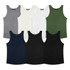 A collection of women's tank tops in grey, white, black, green, and navy, featuring a logo on each top.