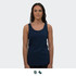 A woman models a navy blue women's tank top with a simple design and a logo.