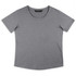 A grey women's t-shirt with a round neckline and short sleeves, featuring a logo on the label.