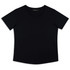 A black women's t-shirt with a round neckline and short sleeves, featuring a logo on the tag.