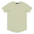 A light green men's t-shirt with a round neckline and short sleeves, featuring a logo on the label.
