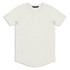A plain white men's t-shirt with short sleeves and a rounded hem, featuring a logo at the neckline.