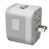A white travel adaptor with a folding plug design and a branding logo. It features multiple input options on the back.