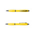 A yellow plastic pen with chrome accents, featuring a click mechanism and a clip for easy attachment.
