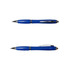 A blue plastic pen with a shiny silver clip and accents, displayed from multiple angles.