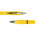 A metal pen with a shiny silver clip and tip, featuring a vibrant yellow barrel. It has a logo on the surface.