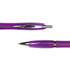 A purple metal pen with chrome accents, featuring a sleek design and a click mechanism. It has a visible logo.