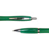 A green metal pen with a shiny clip and a pointed tip. The pen features a sleek design and has a logo.