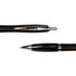 A metal pen in sleek black with a shiny chrome clip and tip, featuring branding.
