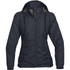 A women's rain jacket in dark navy with a hood and adjustable drawstrings. It features a zippered front and has a logo.