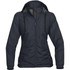 A women's rain jacket in dark grey featuring a hood and front zipper, with an adjustable drawstring.
