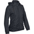 A black women's rain jacket with a hood, featuring an elastic waistband and side pockets. It has a logo on the front.