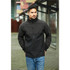 A black men's rain jacket featuring a front zip and a stand-up collar, worn by a model outdoors.