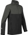 A men's rain jacket in black and grey featuring a zippered front and pockets, with a logo on the sleeve.