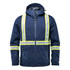 A navy rain jacket featuring reflective stripes, a hood, and zippered pockets, with a logo on the front.