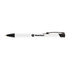 A black and white metal pen with a logo on the side. The pen features a smooth design for writing.