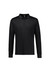 A black long sleeve polo shirt featuring a collar, buttons, and a logo on the chest area.