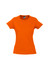 An orange women's short sleeve tee with a fitted style and a logo on the label.