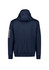 A navy unisex water-resistant hoodie with a hood and a logo on the sleeve.
