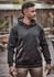 A unisex water-resistant hoodie in black, featuring a hood and front pockets, worn by a model outdoors.