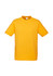A yellow short sleeve T-shirt with a simple design and a tag inside. It features a logo on the front.
