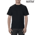 A black unisex heavyweight cotton T-shirt on a model, featuring a logo on the upper corner.