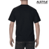 A black unisex T-shirt displayed from the back, featuring a logo on the upper left.