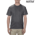 A grey unisex T-shirt featuring a logo, displayed on a model in a neutral pose.