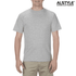 A grey unisex T-shirt displayed on a model, featuring a round neck and short sleeves, with a logo on the top right.