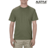 A unisex heavyweight cotton T-shirt in olive green, featuring a logo on the neckline.