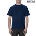 A unisex heavyweight cotton T-shirt in navy blue, displayed on a model with a logo in the top corner.