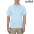 A light blue unisex T-shirt with a crew neckline, displayed on a model against a neutral background. Features branding.