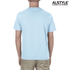 A light blue unisex t-shirt with a simple design, featuring a logo on the upper right.