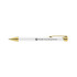 A metal pen with a white barrel and gold accents, featuring a logo on the side.