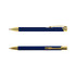A metal pen in navy blue with gold accents, featuring a clip and a smooth design, with a logo visible.