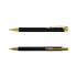A sleek black pen with gold accents, featuring a polished finish and an attached clip. It has a logo on the barrel.