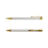 A metallic pen with a silver barrel and gold accents, featuring a clip and a logo.