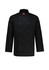 A black long sleeve chef jacket with a button-up front and a logo on the sleeve.
