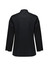 A black women's long sleeve chef jacket featuring a standard collar and a back button detail, with a logo present.
