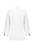 A white long sleeve chef jacket with a classic collar and side slits, featuring a logo on the back.